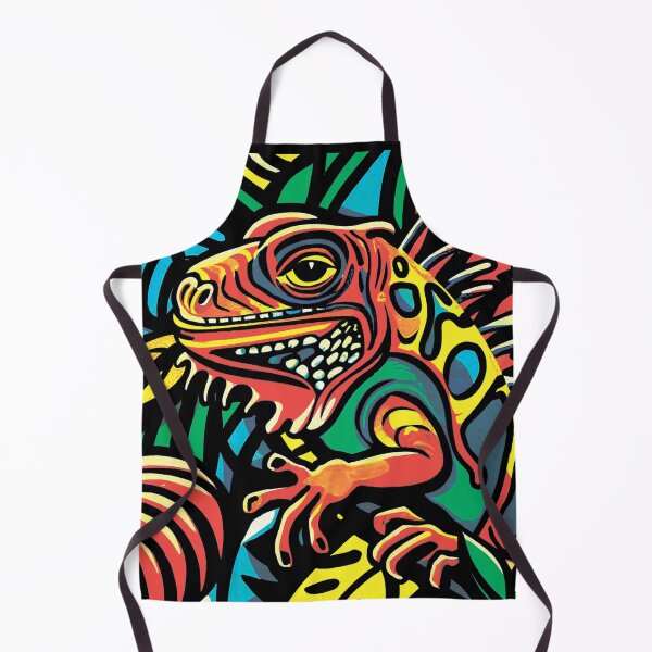 Item preview, A playful Iguana with big, round eyes and a wide smile, depicted in a vibrant neon color scheme with thick black outlines, reminiscent of folk art style designed and sold by MagelliShop.