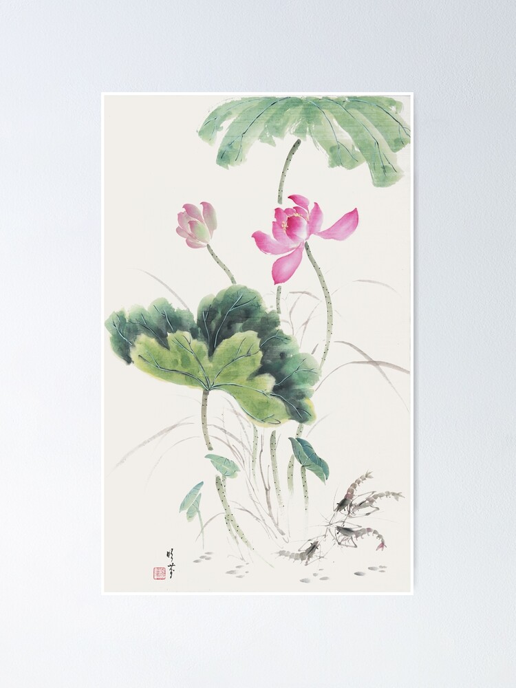 Thumbnail 1 of 3, Poster, Pink Lotuses - Traditional Chinese Ink Painting designed and sold by mingjan.