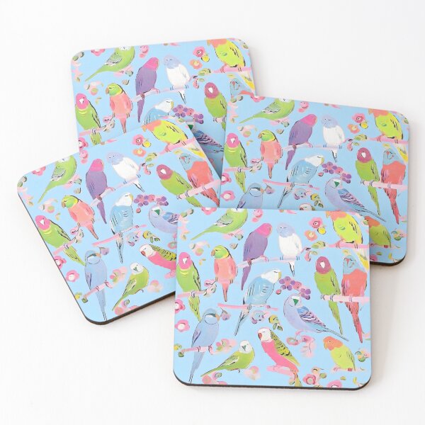 Item preview, Budgies on baby blue background designed and sold by SophieClimaArt.