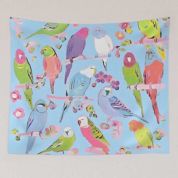 Item preview, Budgies on baby blue background designed and sold by SophieClimaArt.