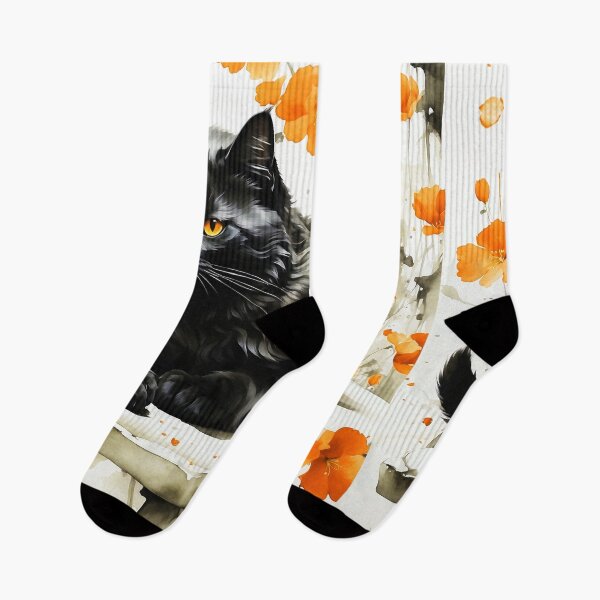 Item preview, Orange Poppy Black Cat - Oil Painting In Chinese Art Style designed and sold by SassyArtistry.