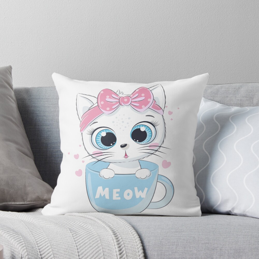 Meow: Cute Kitten Throw Pillow - cute pet design by HackerLooks