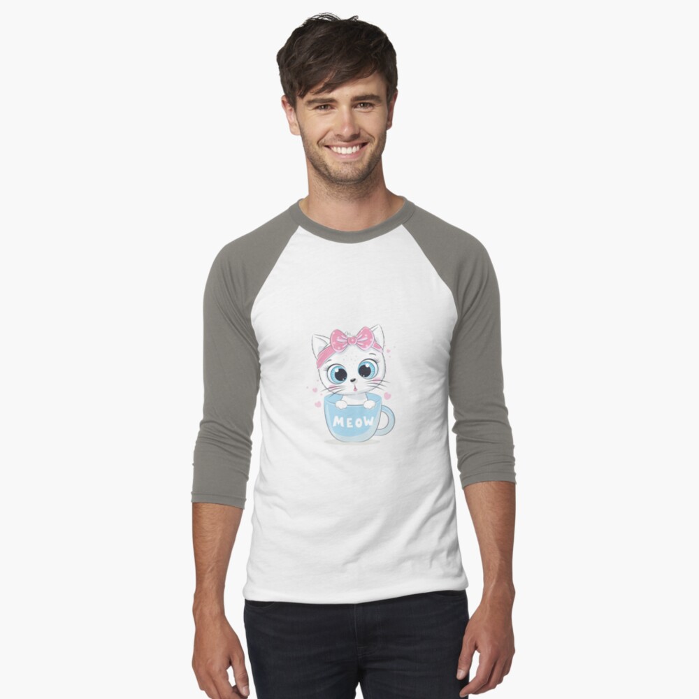 Meow: Cute Kitten Baseball ¾ Sleeve T-Shirt - cute pet design by HackerLooks