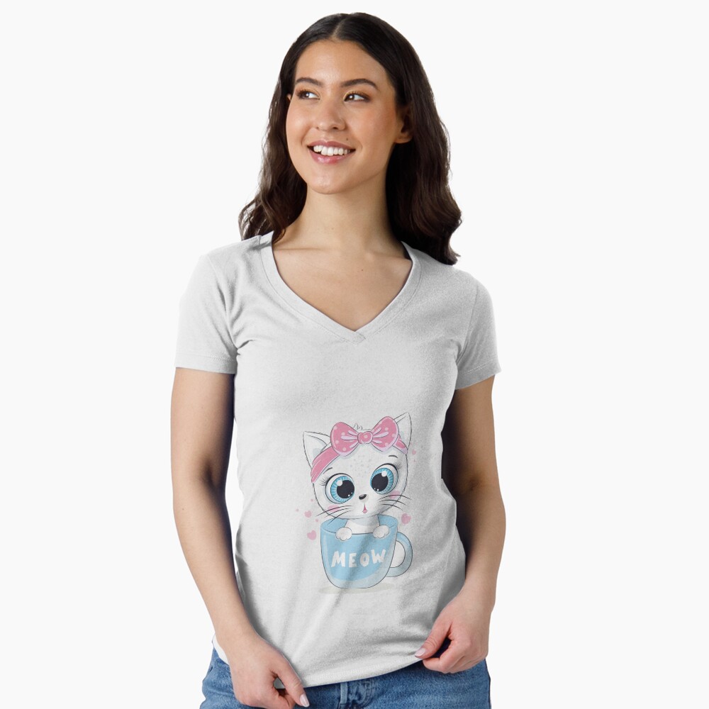 Meow: Cute Kitten Fitted V-Neck T-Shirt - cute pet design by HackerLooks