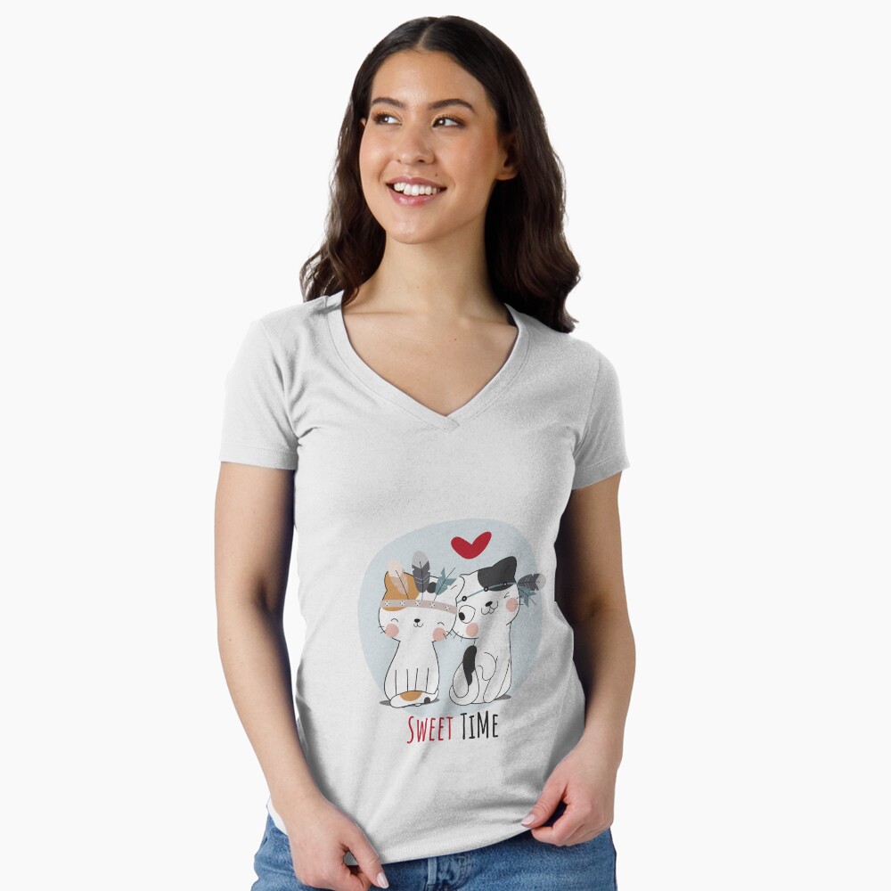 Sweet Time Cats :D Fitted V-Neck T-Shirt - cute pet design by HackerLooks