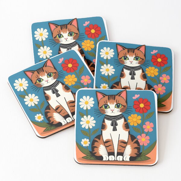 Item preview, Cat and Flowers Folk Art designed and sold by WondrousThings.