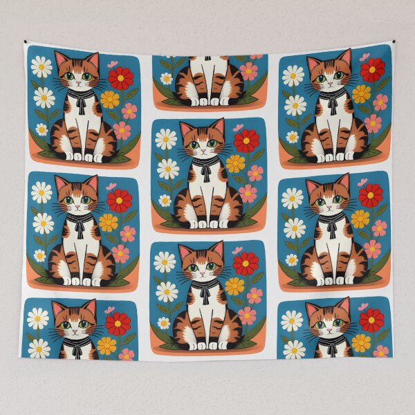 Item preview, Cat and Flowers Folk Art designed and sold by WondrousThings.