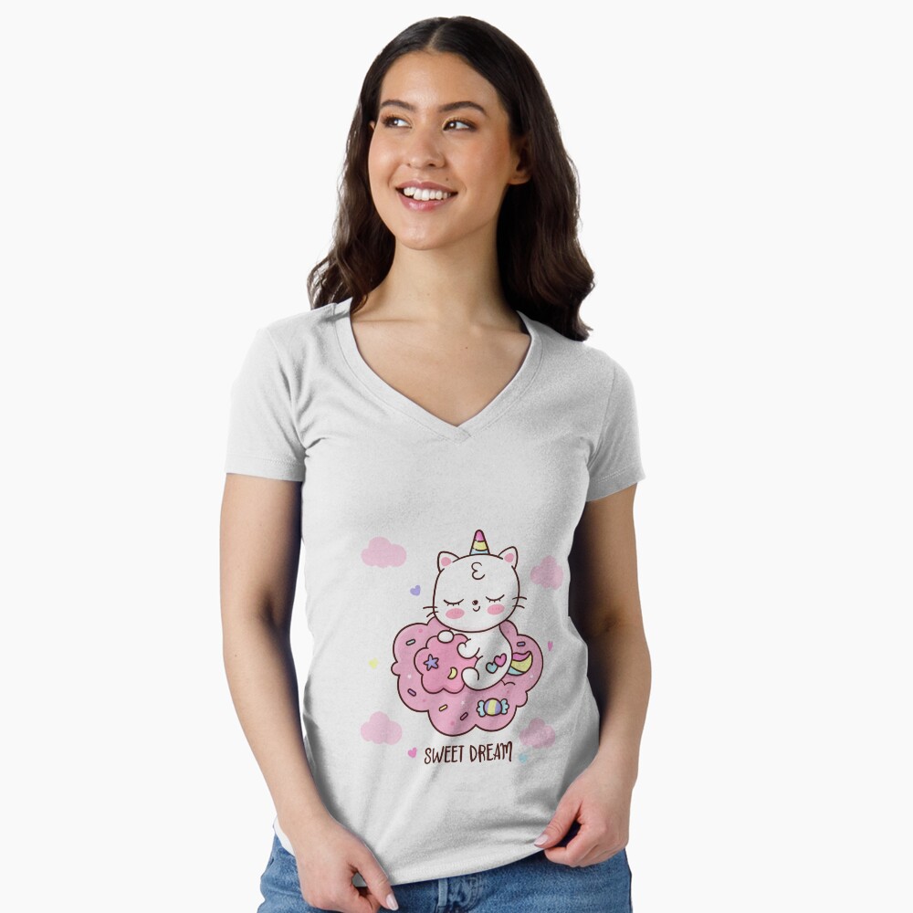 Cute Unicorn (Heart) Fitted V-Neck T-Shirt - unicorn fantasy design by HackerLooks