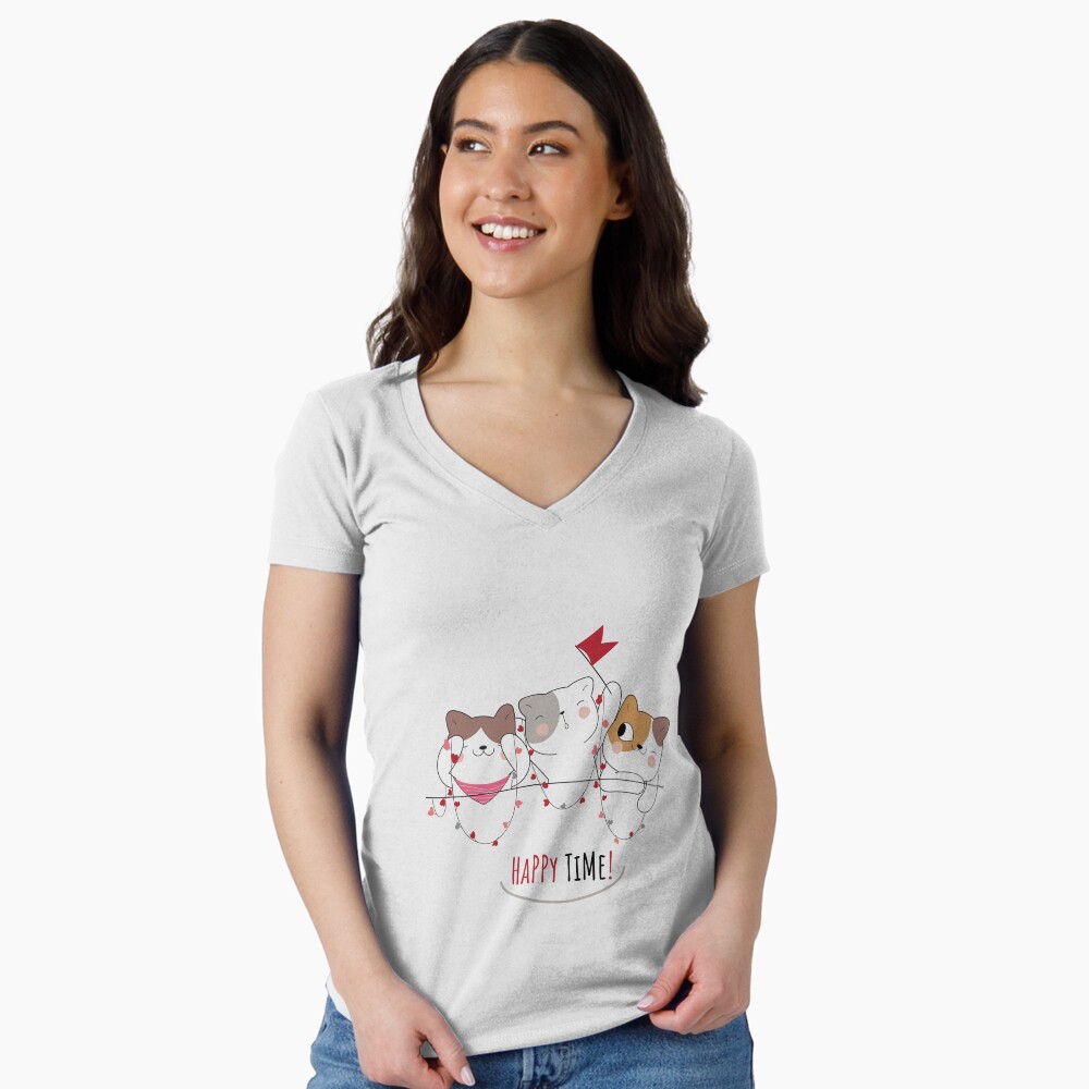 Happy Time Fitted V-Neck T-Shirt - cute pet design by HackerLooks