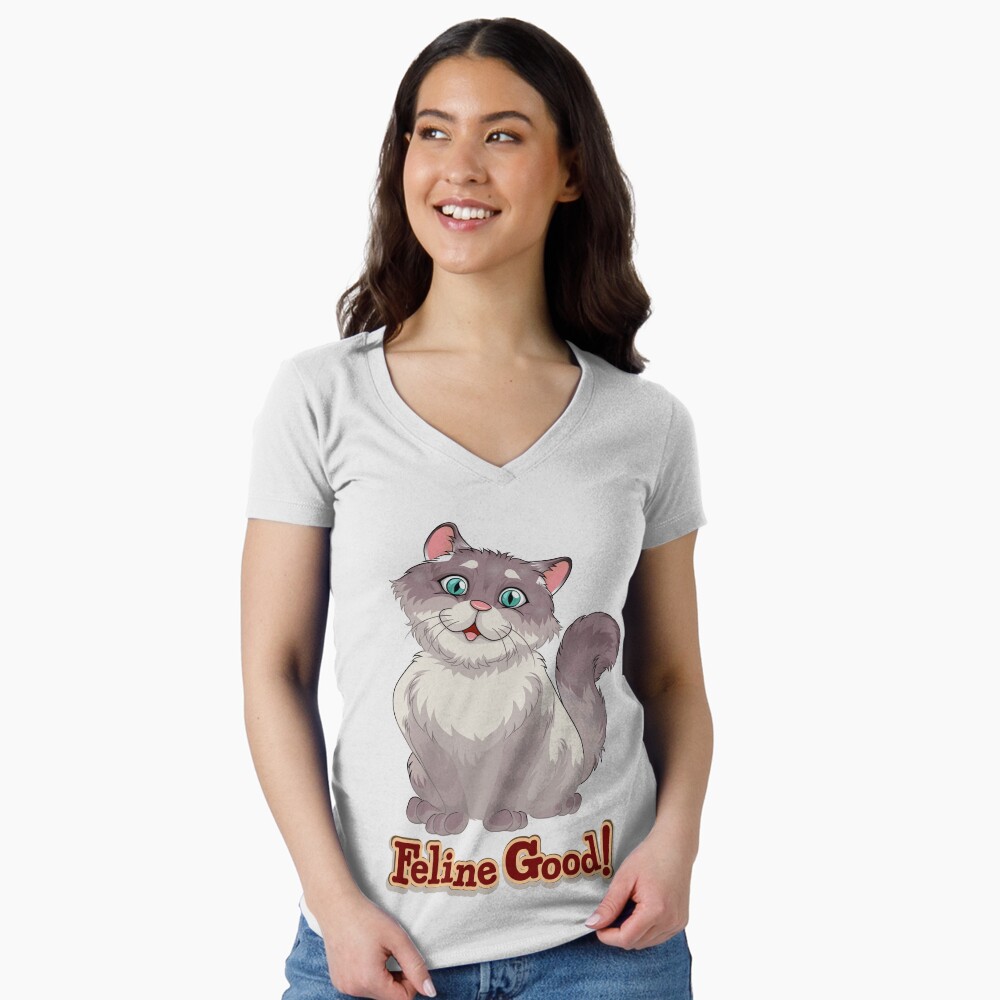 Feeling Good (Feline Good!) Fitted V-Neck T-Shirt - cute pet design by HackerLooks