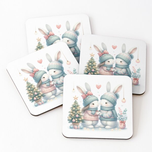 Item preview,  romantic rabbit couple celebrating Christmas depicted in a watercolor style with pastel colors set against a plain white background designed and sold by Aonsnoopy.
