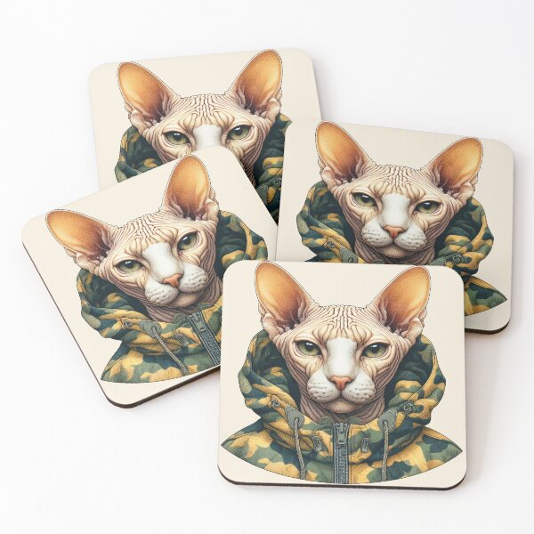 Item preview, Urban Cats #4 - Cream Sphynx Cat wearing an urban camo windbreaker designed and sold by elektronen.
