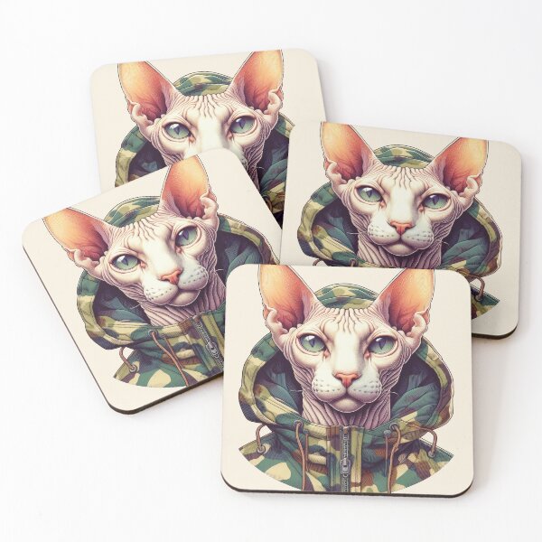 Item preview, Urban Cats #5 - Cream Sphynx Cat wearing an urban camo windbreaker designed and sold by elektronen.
