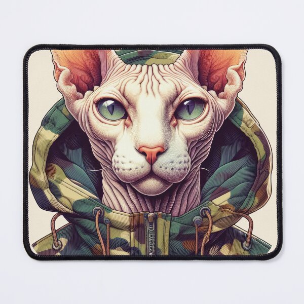 Item preview, Urban Cats #5 - Cream Sphynx Cat wearing an urban camo windbreaker designed and sold by elektronen.
