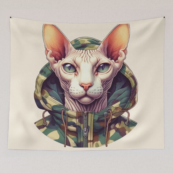 Item preview, Urban Cats #5 - Cream Sphynx Cat wearing an urban camo windbreaker designed and sold by elektronen.