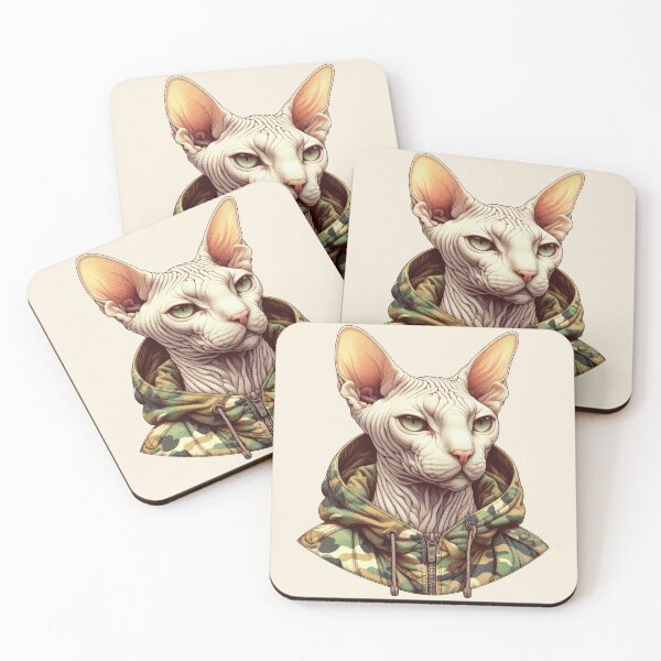 Item preview, Urban Cats #6 - Cream Sphynx Cat wearing an urban camo windbreaker designed and sold by elektronen.