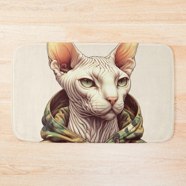 Item preview, Urban Cats #6 - Cream Sphynx Cat wearing an urban camo windbreaker designed and sold by elektronen.