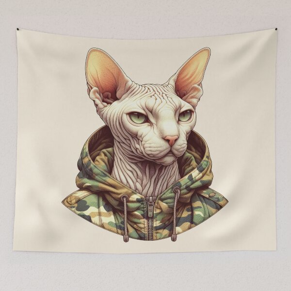Item preview, Urban Cats #6 - Cream Sphynx Cat wearing an urban camo windbreaker designed and sold by elektronen.