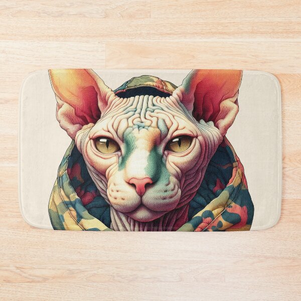 Item preview, Urban Cats #7 - Cream Sphynx Cat wearing an urban camo windbreaker designed and sold by elektronen.