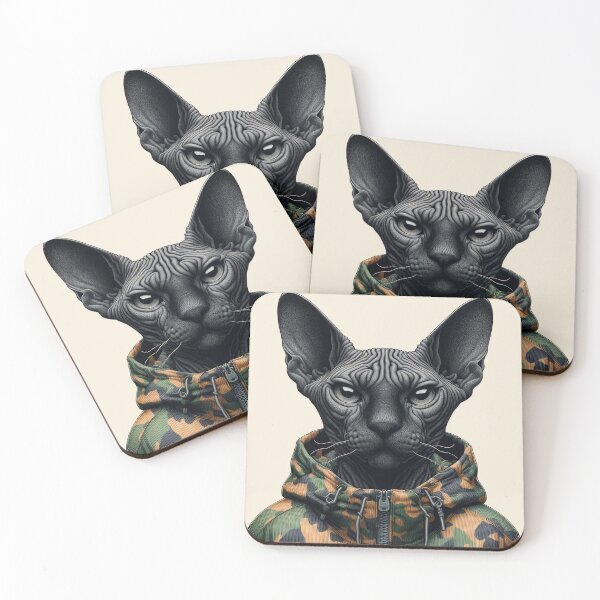 Item preview, Urban Cats #8 - Black Sphynx Cat wearing an urban camo windbreaker designed and sold by elektronen.