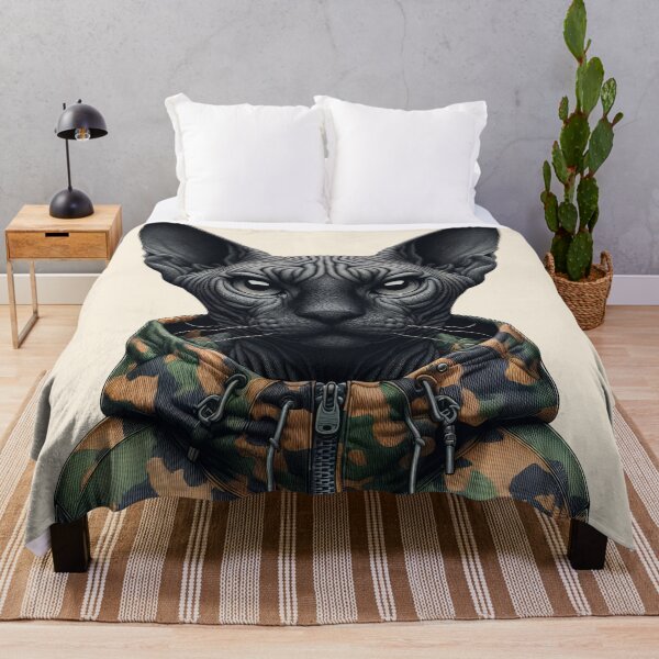 Item preview, Urban Cats #8 - Black Sphynx Cat wearing an urban camo windbreaker designed and sold by elektronen.