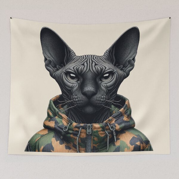 Item preview, Urban Cats #8 - Black Sphynx Cat wearing an urban camo windbreaker designed and sold by elektronen.