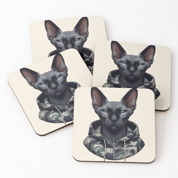 Item preview, Urban Cats #10 - Black Sphynx Cat wearing an urban camo windbreaker designed and sold by elektronen.