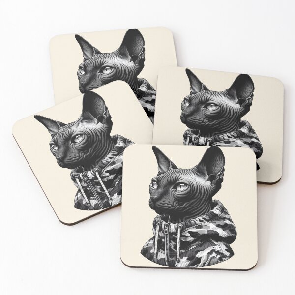 Item preview, Urban Cats #11 - Black Sphynx Cat wearing an urban camo windbreaker designed and sold by elektronen.