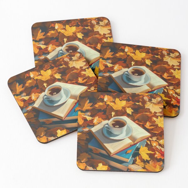 Item preview, Coffee on books in Autumn with maple leaves designed and sold by WarmHeartedArt.