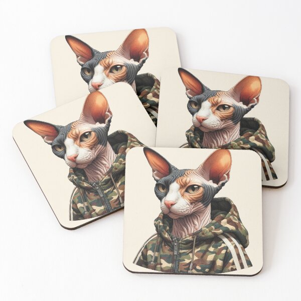 Item preview, Urban Cats #12 - Calico Sphynx Cat wearing an urban camo windbreaker designed and sold by elektronen.