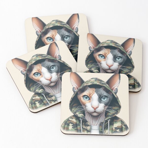 Item preview, Urban Cats #14 - Calico Sphynx Cat wearing an urban camo windbreaker designed and sold by elektronen.