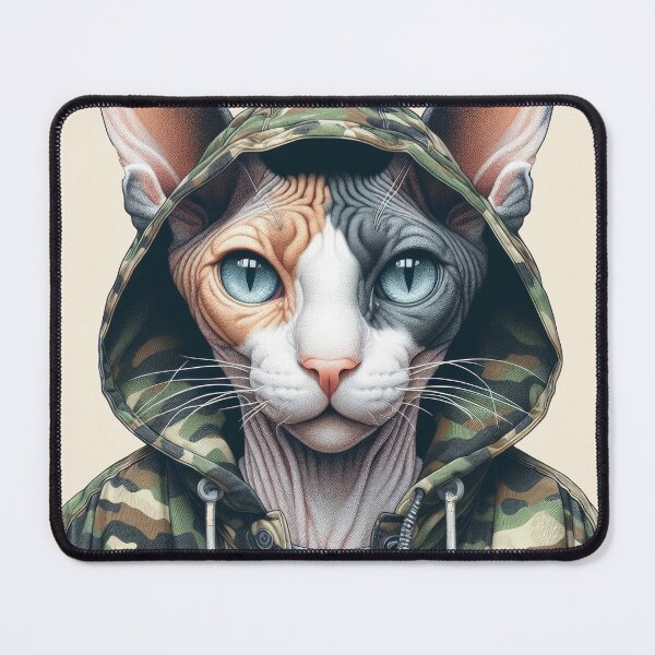 Item preview, Urban Cats #14 - Calico Sphynx Cat wearing an urban camo windbreaker designed and sold by elektronen.