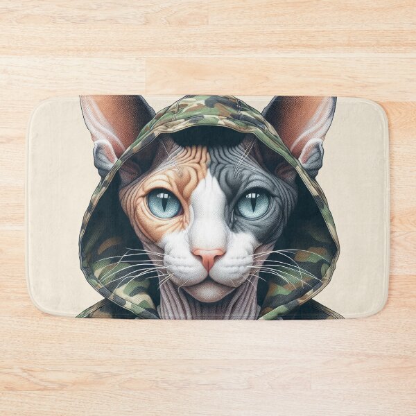 Item preview, Urban Cats #14 - Calico Sphynx Cat wearing an urban camo windbreaker designed and sold by elektronen.