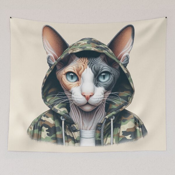 Item preview, Urban Cats #14 - Calico Sphynx Cat wearing an urban camo windbreaker designed and sold by elektronen.