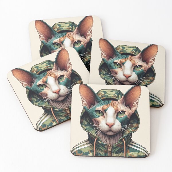 Item preview, Urban Cats #15 - Calico Sphynx Cat wearing an urban camo windbreaker designed and sold by elektronen.