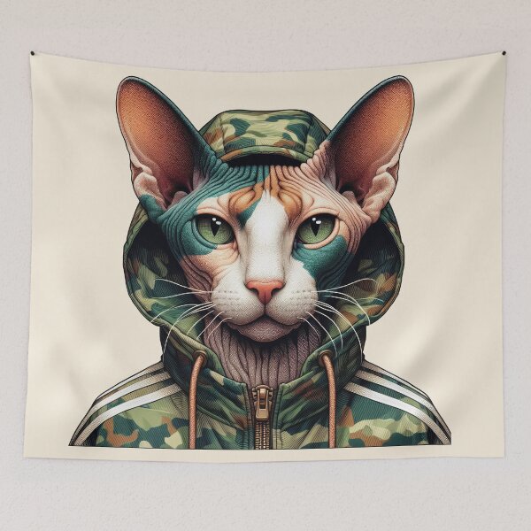 Item preview, Urban Cats #15 - Calico Sphynx Cat wearing an urban camo windbreaker designed and sold by elektronen.