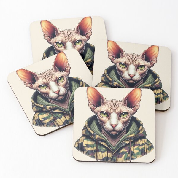 Item preview, Urban Cats #16 - Fawn Sphynx Cat wearing an urban camo windbreaker designed and sold by elektronen.
