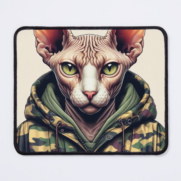 Item preview, Urban Cats #16 - Fawn Sphynx Cat wearing an urban camo windbreaker designed and sold by elektronen.