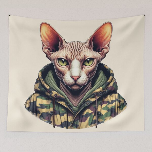 Item preview, Urban Cats #16 - Fawn Sphynx Cat wearing an urban camo windbreaker designed and sold by elektronen.
