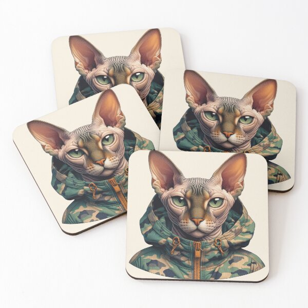 Item preview, Urban Cats #17 - Fawn Sphynx Cat wearing an urban camo windbreaker designed and sold by elektronen.
