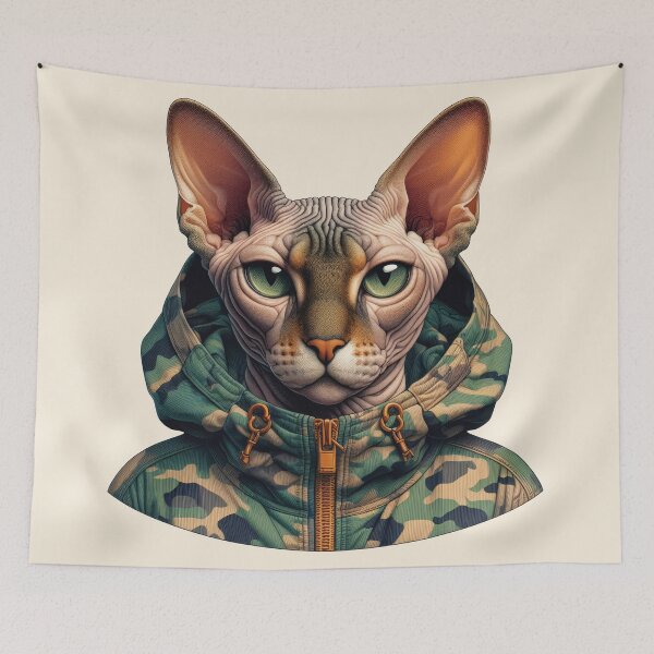 Item preview, Urban Cats #17 - Fawn Sphynx Cat wearing an urban camo windbreaker designed and sold by elektronen.
