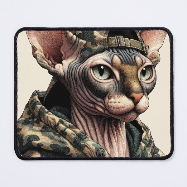 Item preview, Urban Cats #18 - Fawn Sphynx Cat wearing an urban camo windbreaker designed and sold by elektronen.