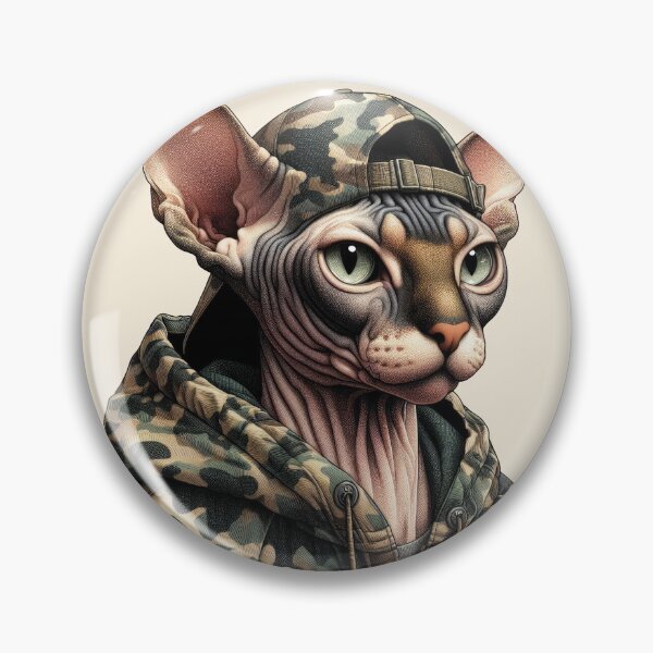 Item preview, Urban Cats #18 - Fawn Sphynx Cat wearing an urban camo windbreaker designed and sold by elektronen.