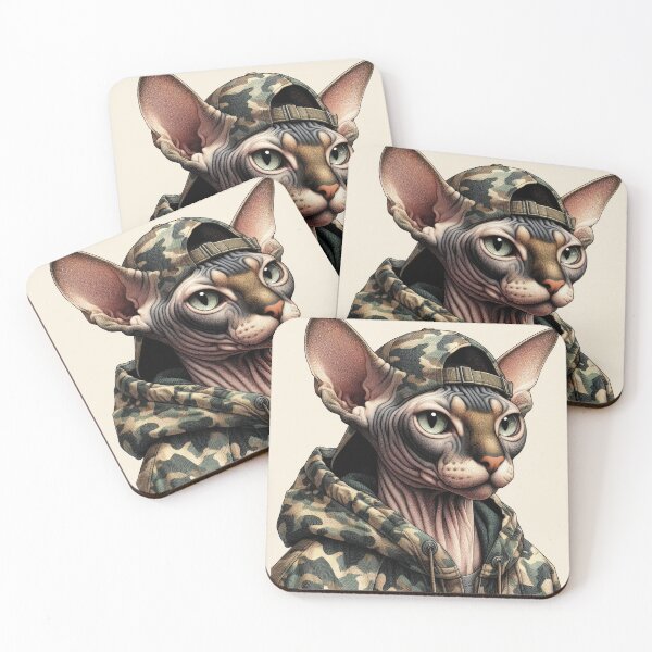 Item preview, Urban Cats #18 - Fawn Sphynx Cat wearing an urban camo windbreaker designed and sold by elektronen.