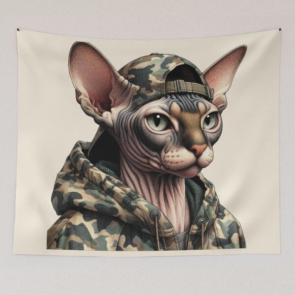 Item preview, Urban Cats #18 - Fawn Sphynx Cat wearing an urban camo windbreaker designed and sold by elektronen.