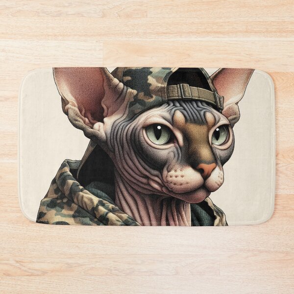 Item preview, Urban Cats #18 - Fawn Sphynx Cat wearing an urban camo windbreaker designed and sold by elektronen.