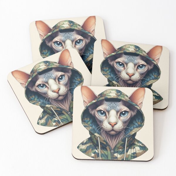 Item preview, Urban Cats #19 - Fawn Sphynx Cat wearing an urban camo windbreaker designed and sold by elektronen.