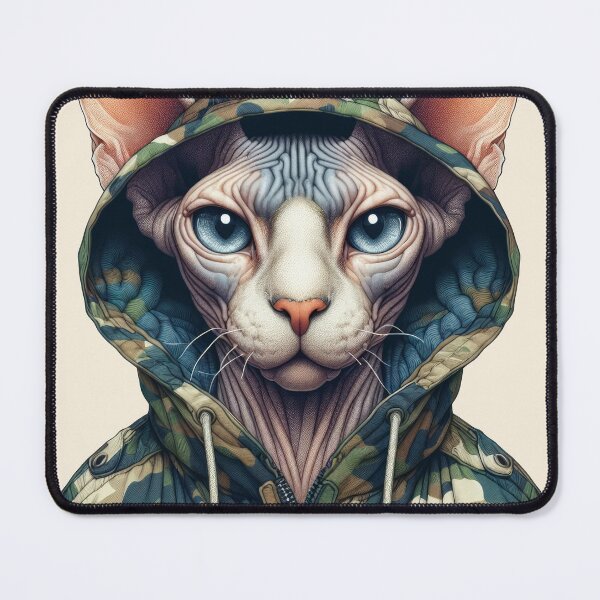 Item preview, Urban Cats #19 - Fawn Sphynx Cat wearing an urban camo windbreaker designed and sold by elektronen.