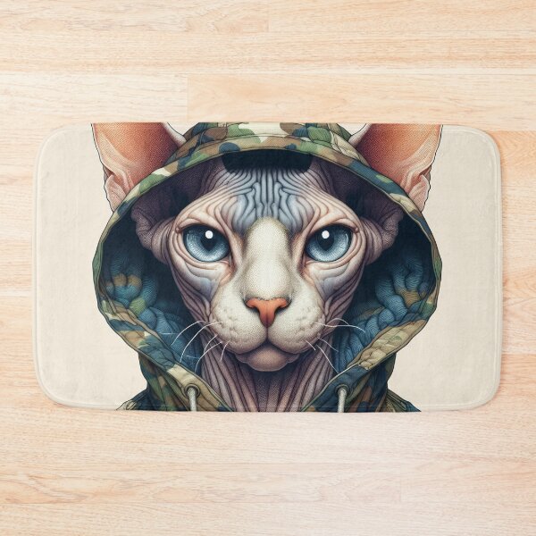 Item preview, Urban Cats #19 - Fawn Sphynx Cat wearing an urban camo windbreaker designed and sold by elektronen.