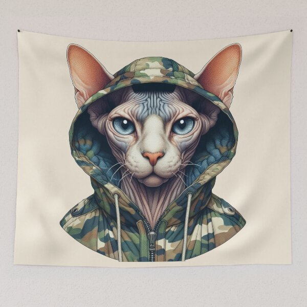 Item preview, Urban Cats #19 - Fawn Sphynx Cat wearing an urban camo windbreaker designed and sold by elektronen.